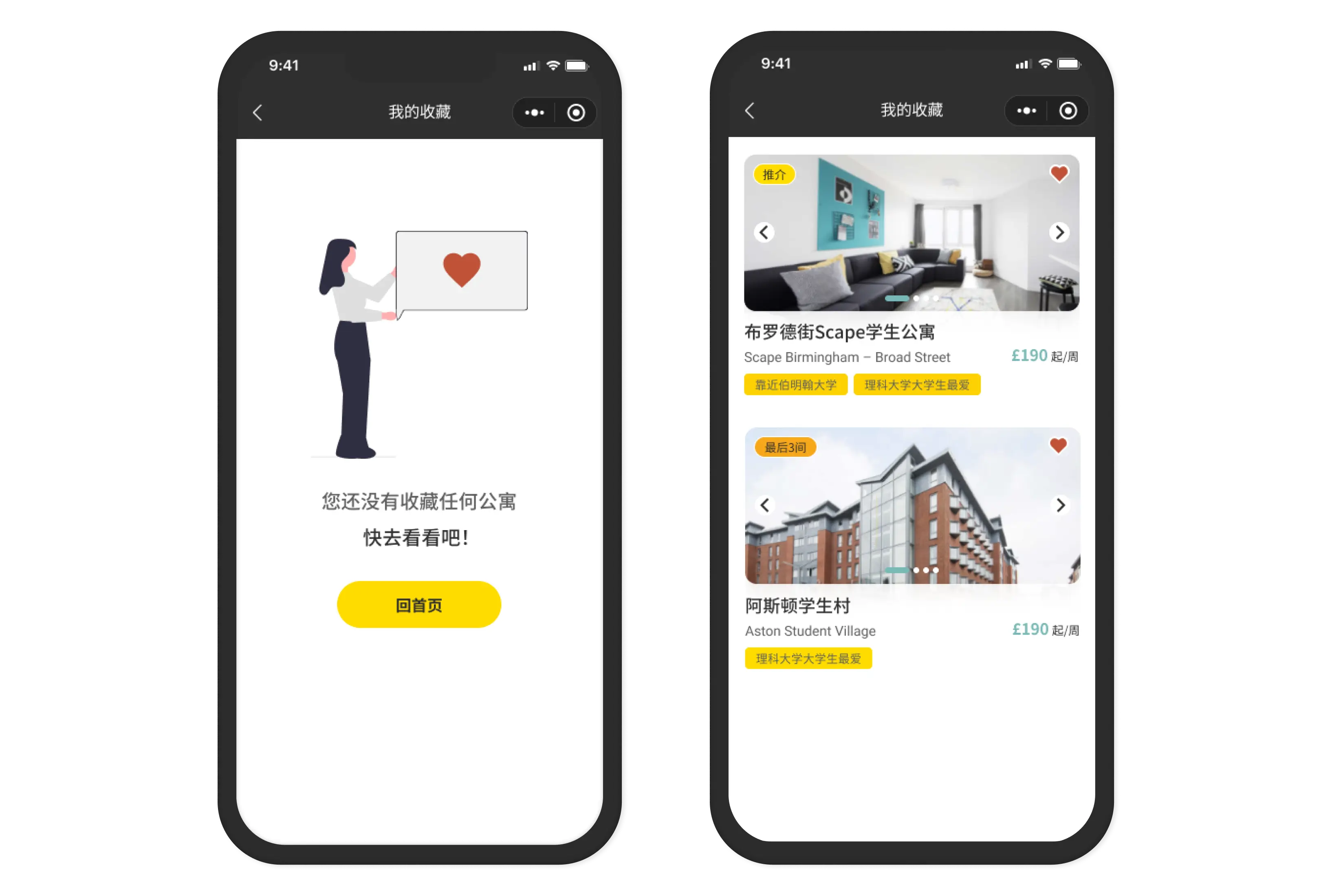 Two phone screens — the empty favourites state with an illustration and prompt, and the favourites list with saved property cards showing price and university tags, both in Simplified Chinese