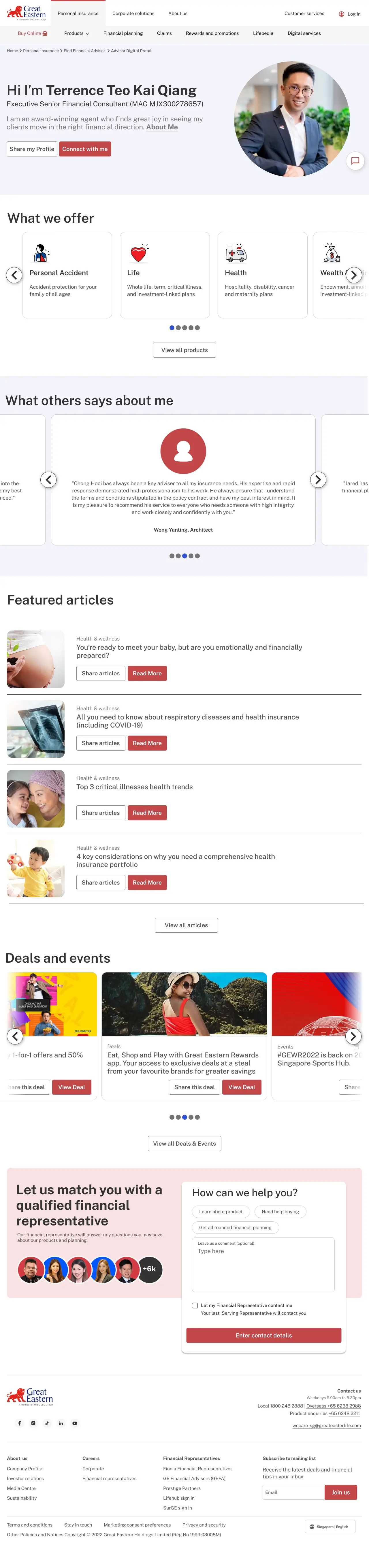 The redesigned ADP, full scrollable page — agent-as-hero header with a personal greeting and prominent photo, What we offer, testimonials, featured articles, deals and events, and a financial-representative match section