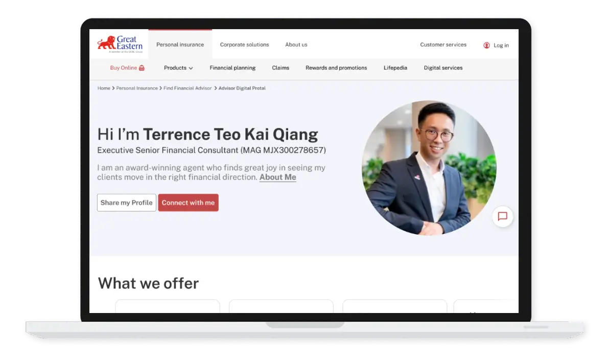 Great Eastern Advisor Digital Portal — laptop showing an adviser profile with a personal greeting, circular agent photo, Share my Profile and Connect with me actions, and the What we offer section