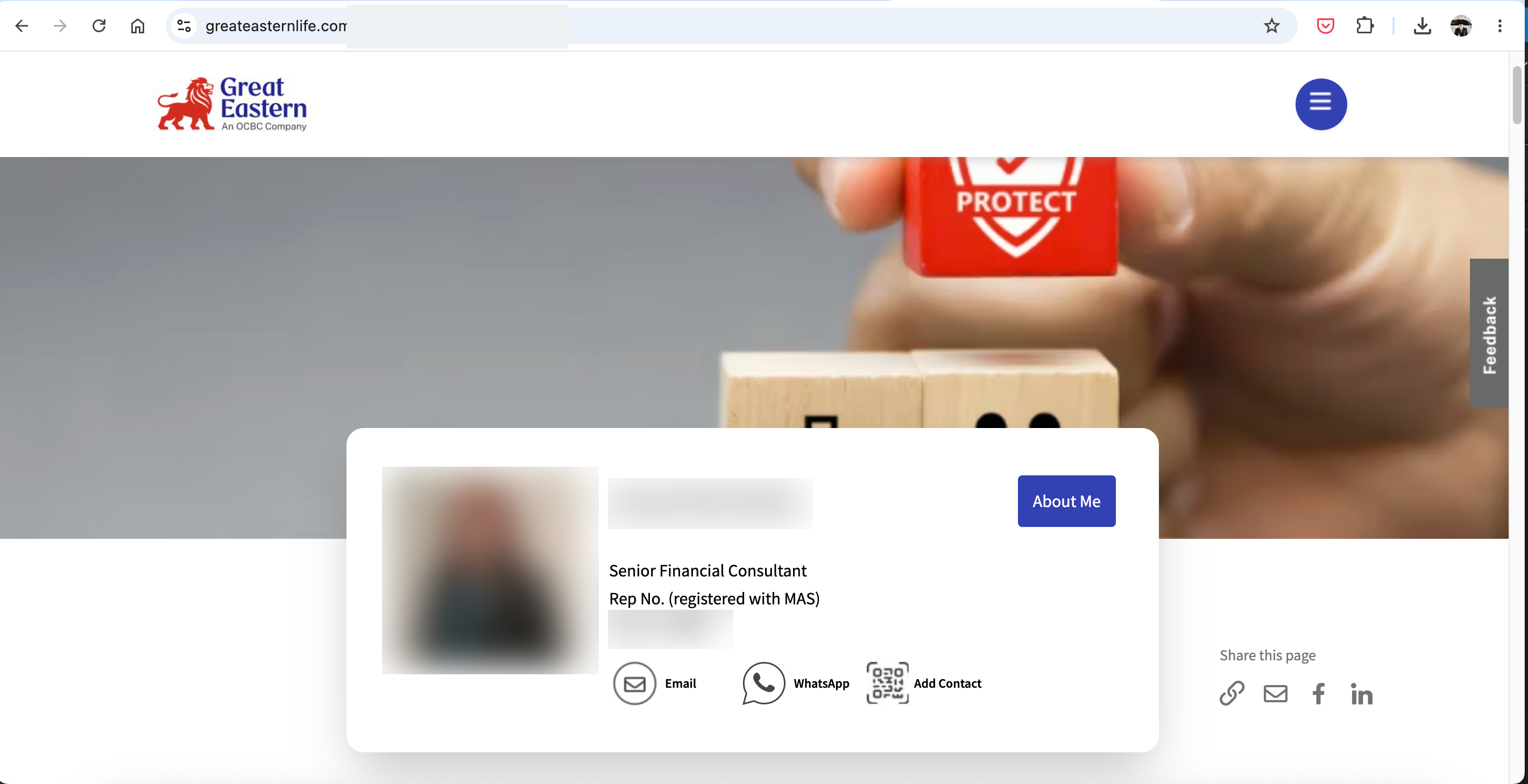 The live Great Eastern Advisor Digital Portal — generic stock 'Protect' hero image above the fold, with the agent card (identity masked) sitting below it; Email, WhatsApp and Add Contact rendered as equal-weight icons