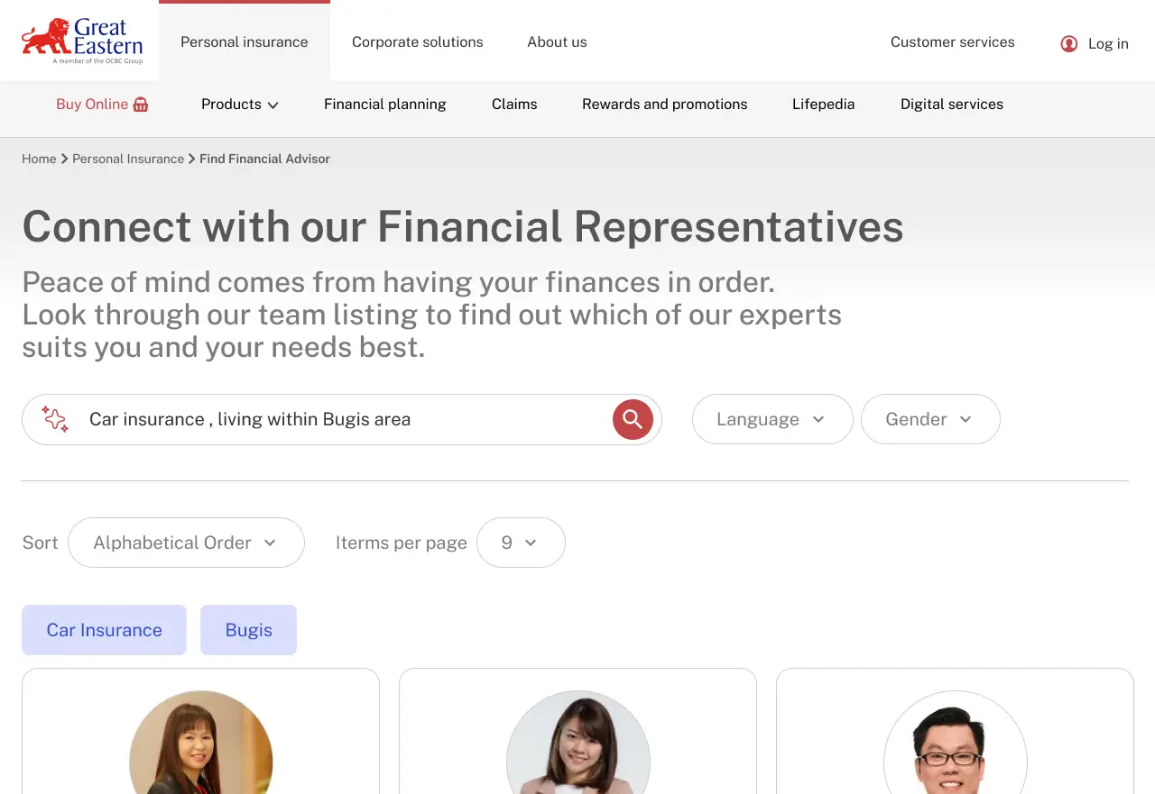 AI search concept, filled state — the query 'Car insurance, living within Bugis area' parsed into Car Insurance and Bugis filter chips, returning matched advisors