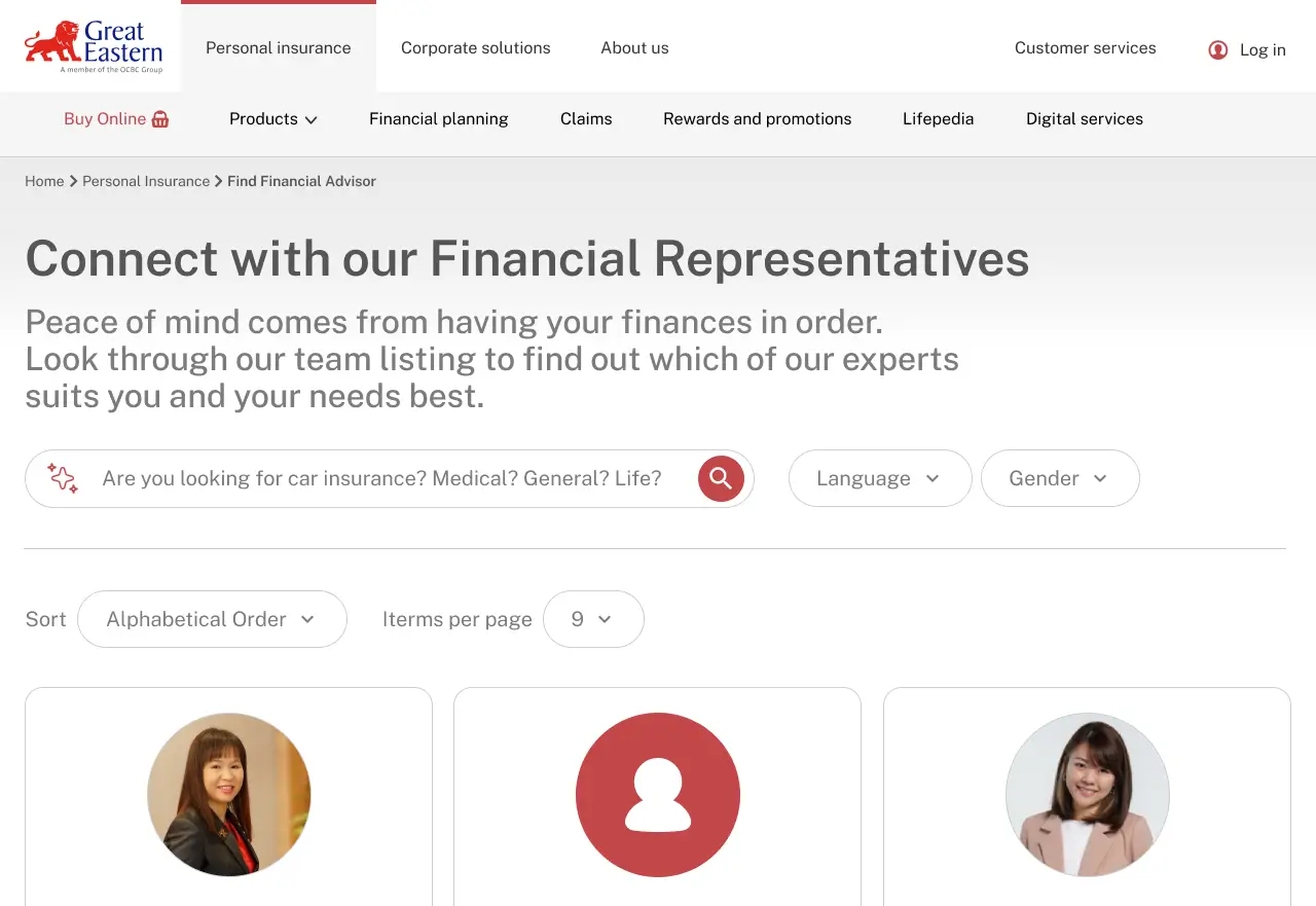AI search concept, empty state — a conversational search field reading 'Are you looking for car insurance? Medical? General? Life?' above the financial-representative listing