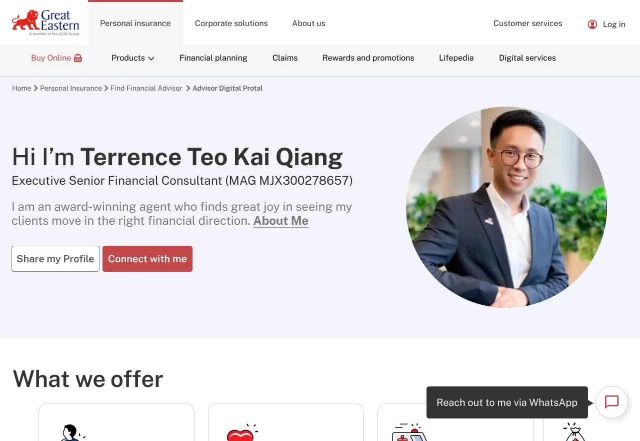 The ADP agent profile on first load, with a dark tooltip reading 'Reach out to me via WhatsApp' pointing at the floating WhatsApp chat button in the lower-right corner