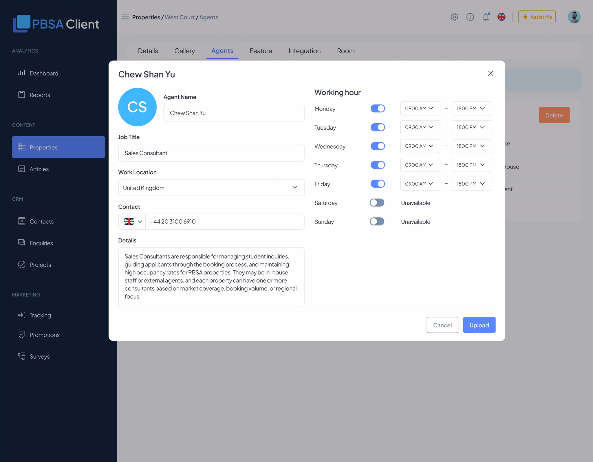 Agent detail modal — profile, job title, work location, contact, and a per-day working-hours schedule