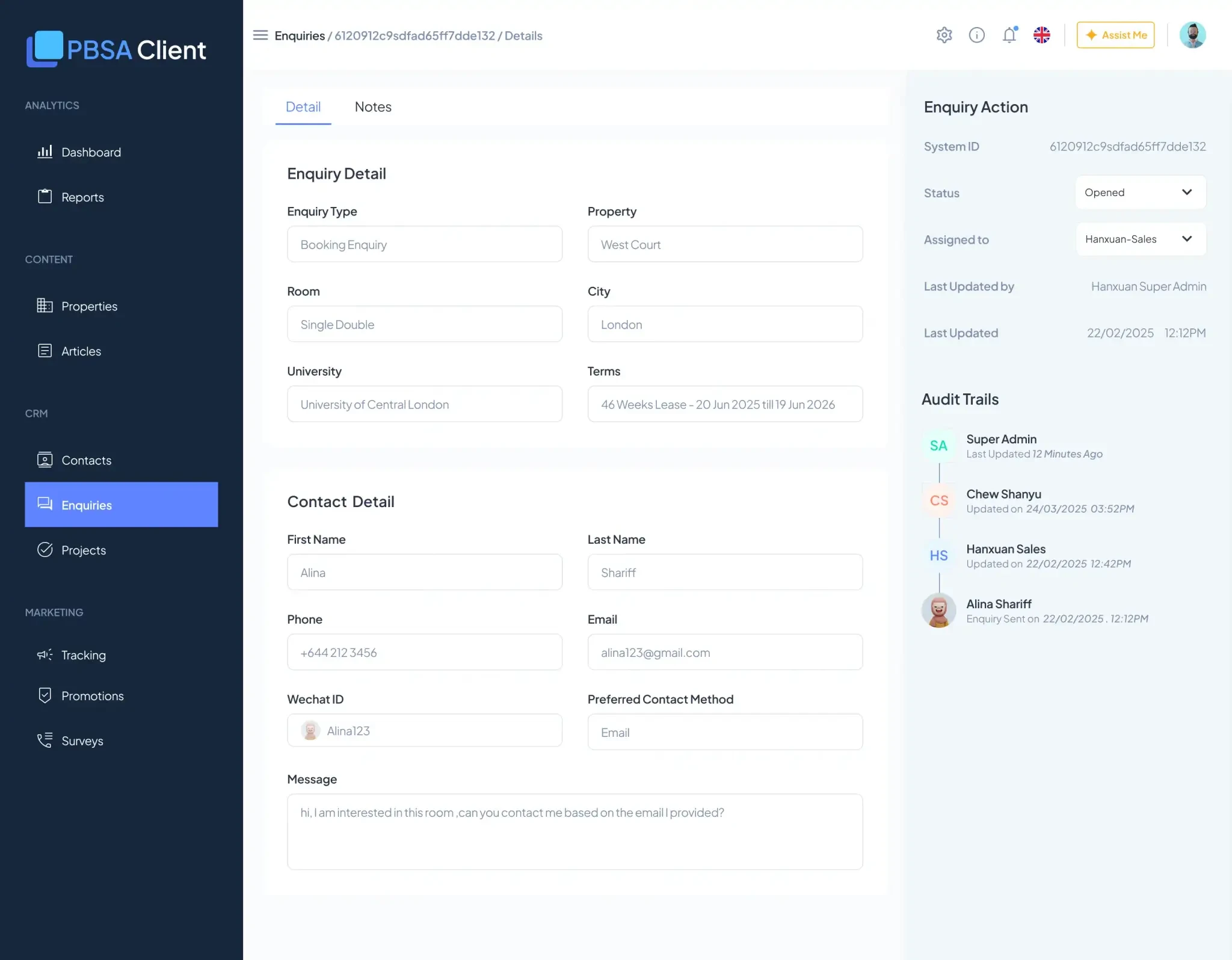 PBSA Client enquiry detail view — enquiry and contact details, status, assignment and audit trail