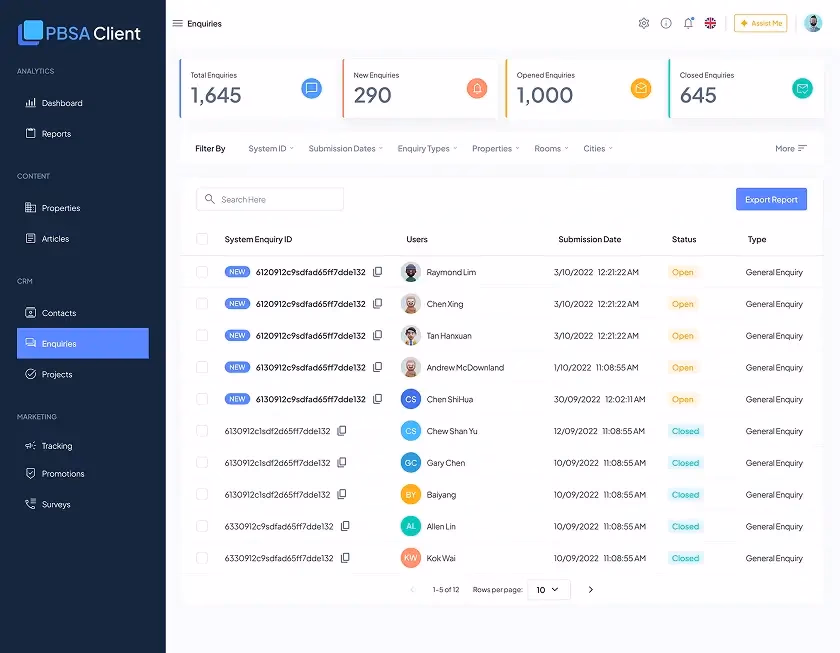Enquiry list view — all enquiries in a central table with KPI tiles, filters, search and status tags