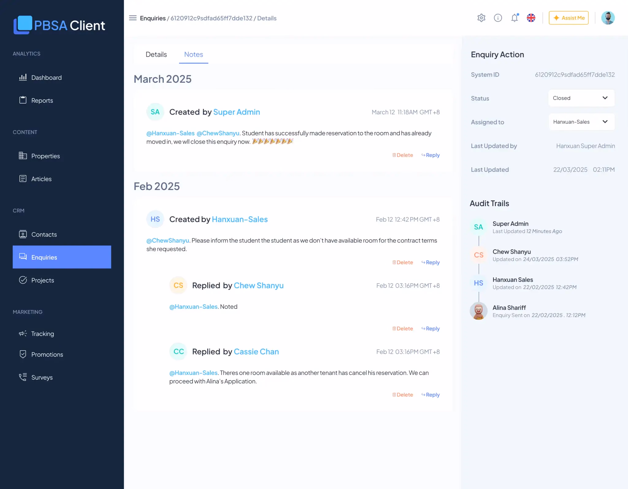 Enquiry notes tab — timestamped internal notes and threaded staff replies