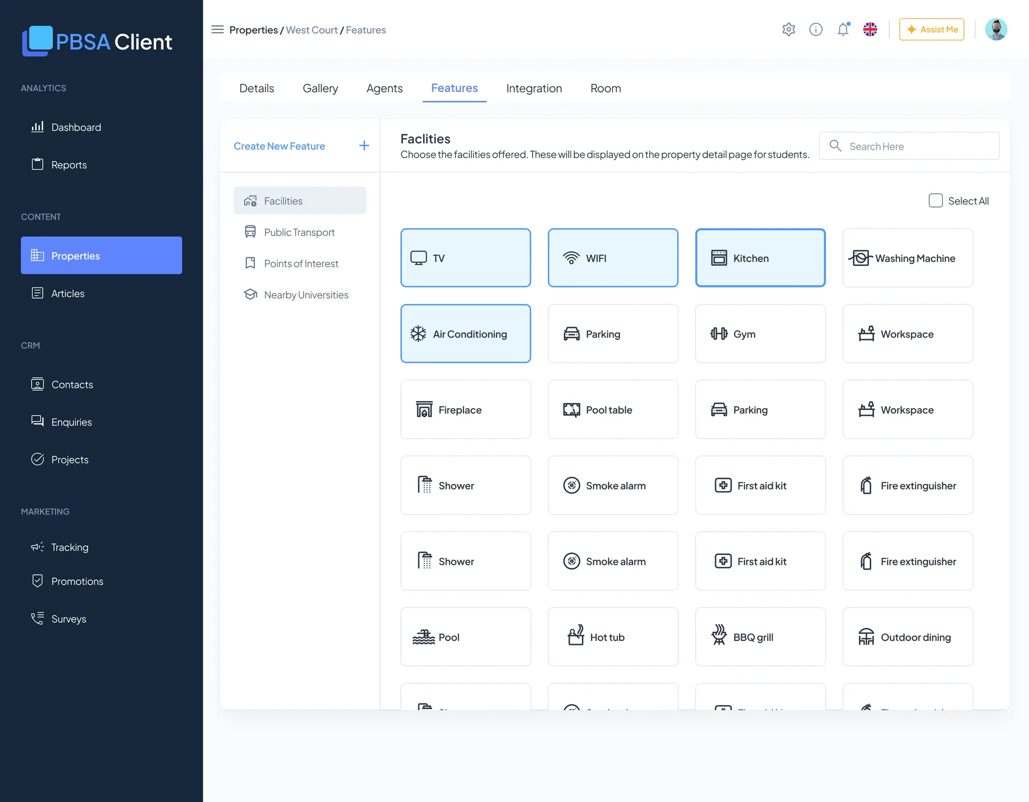 Features — Facilities section with a grid of selectable amenity cards