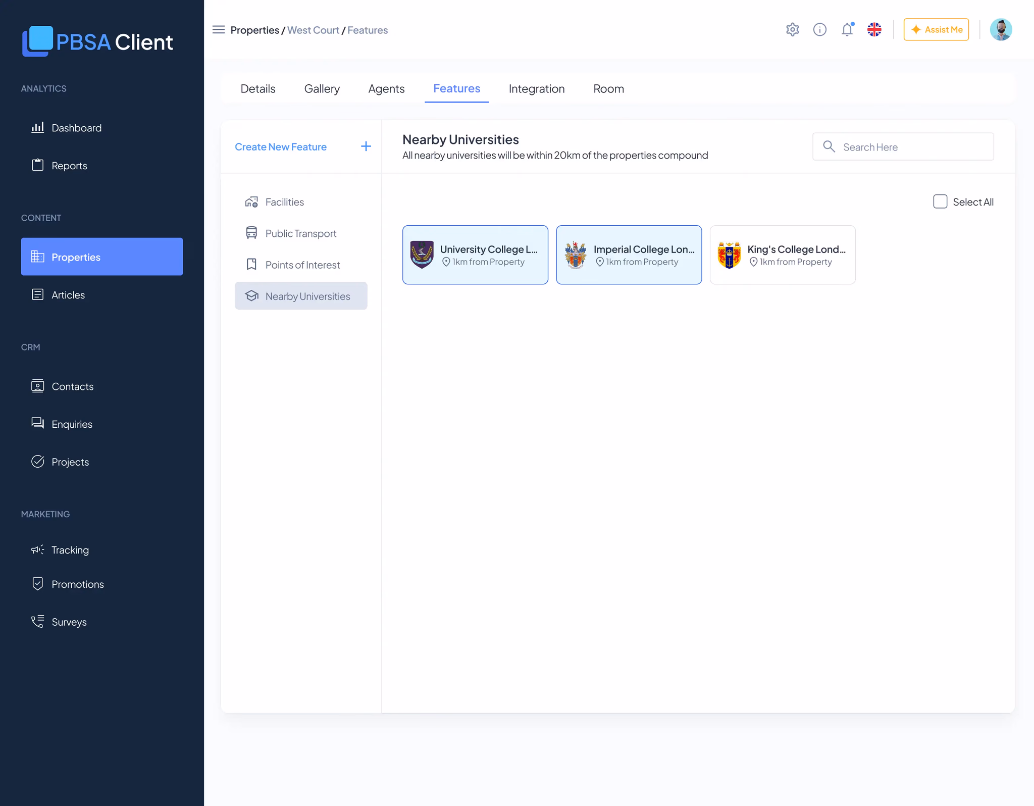 Features — Nearby Universities section with crest cards for each institution