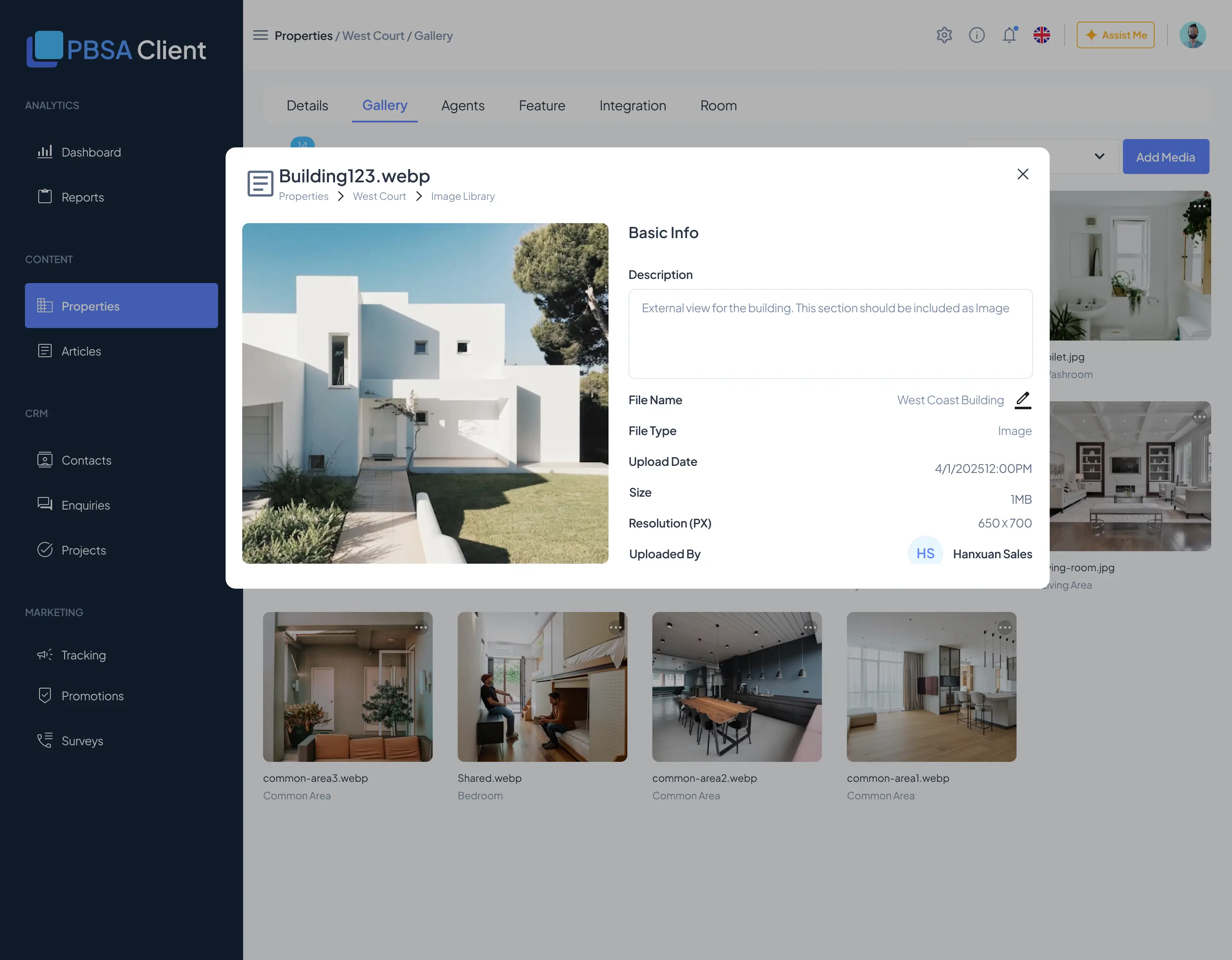 Image detail panel — preview with description, file name, type, upload date, size, resolution, and uploader