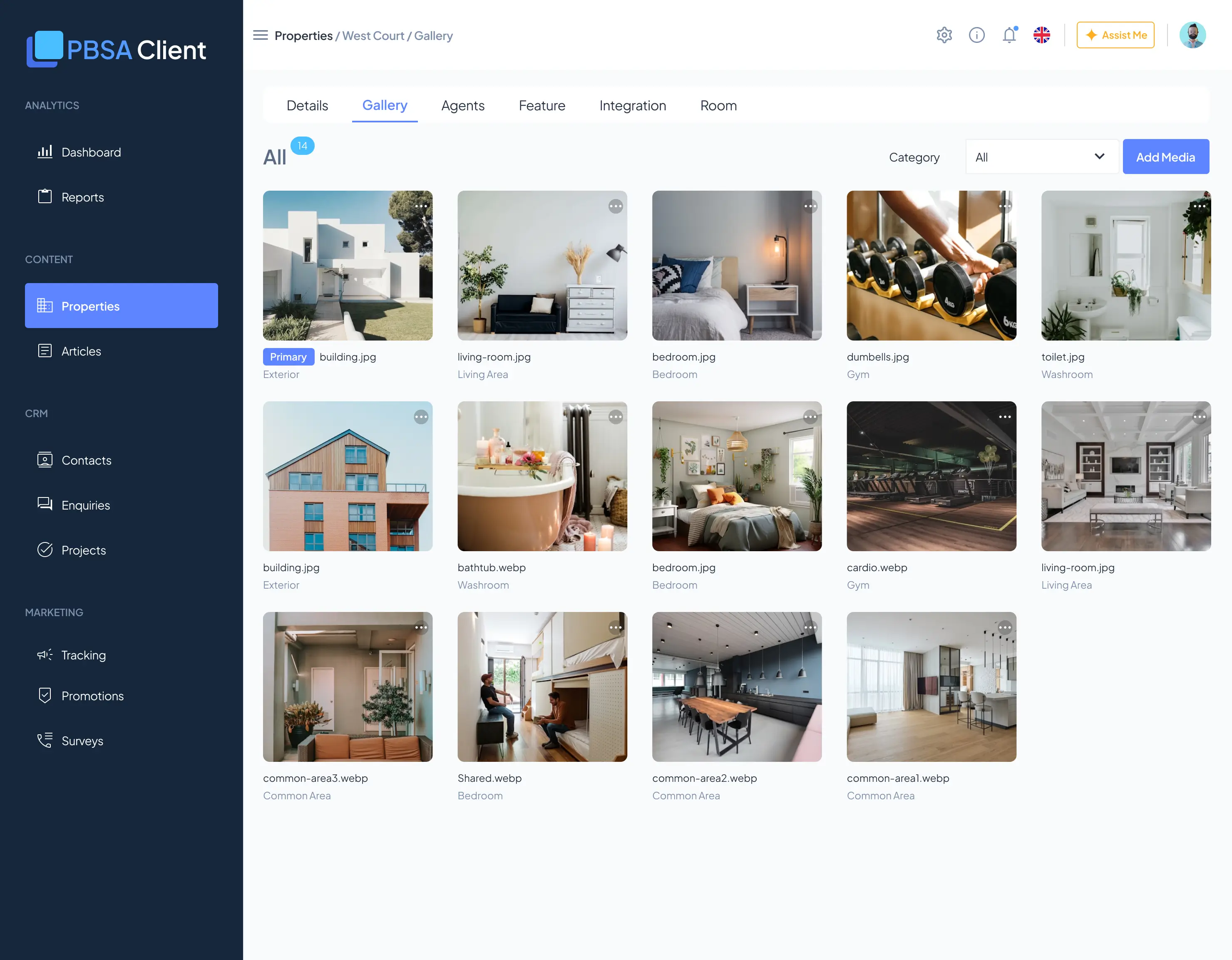 Gallery media grid — 14 uploaded images organized by category with a primary tag and per-image action menus