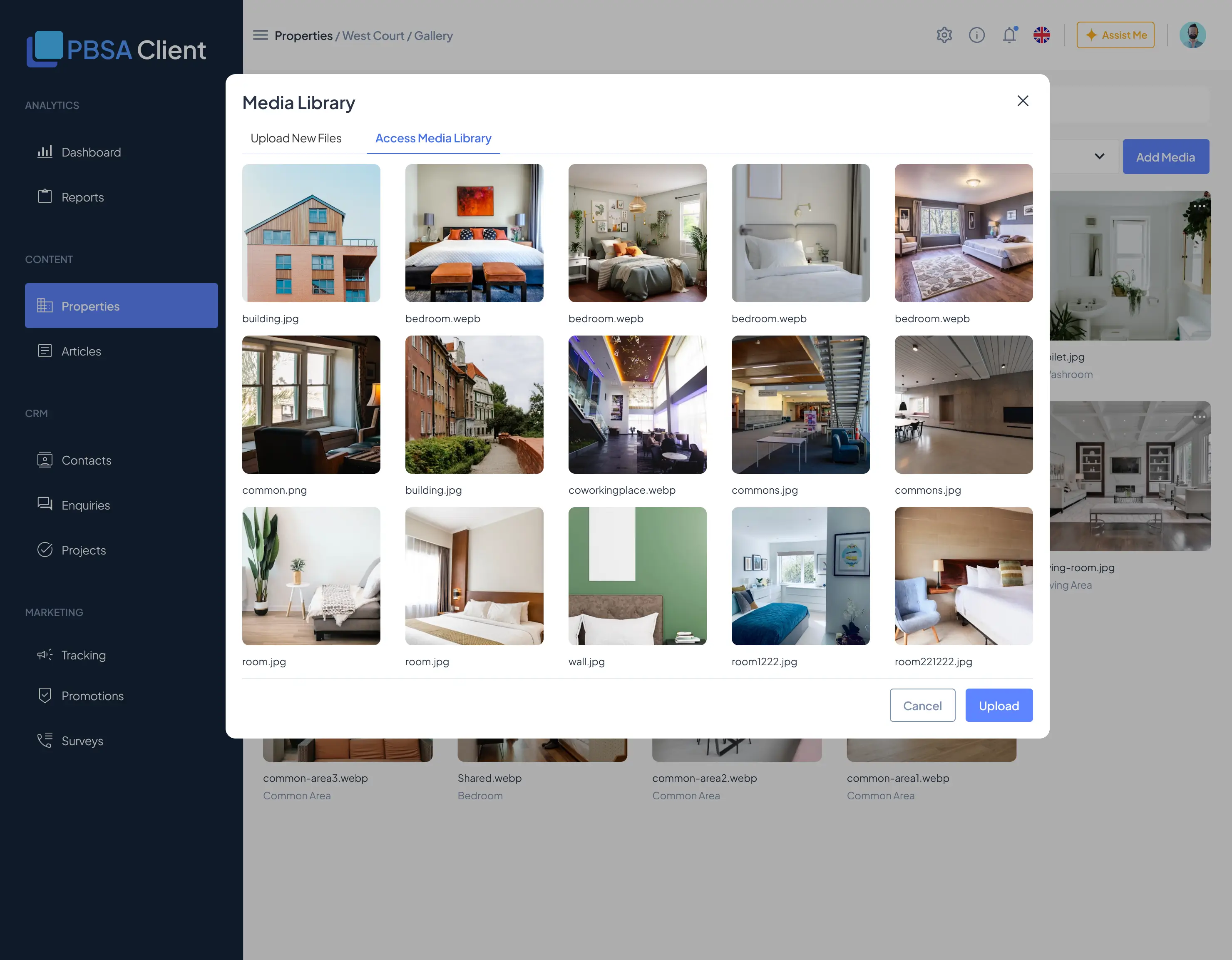 Access Media Library tab — thumbnail grid of reusable shared assets to pick from
