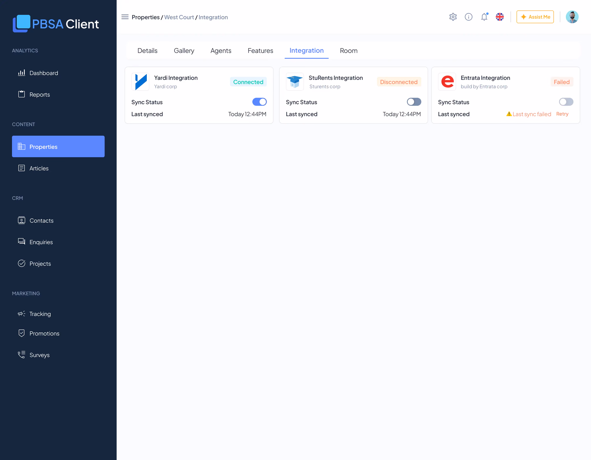 Integration tab — Yardi connected, StuRents disconnected, and Entrata failed, each with sync status and last-synced time