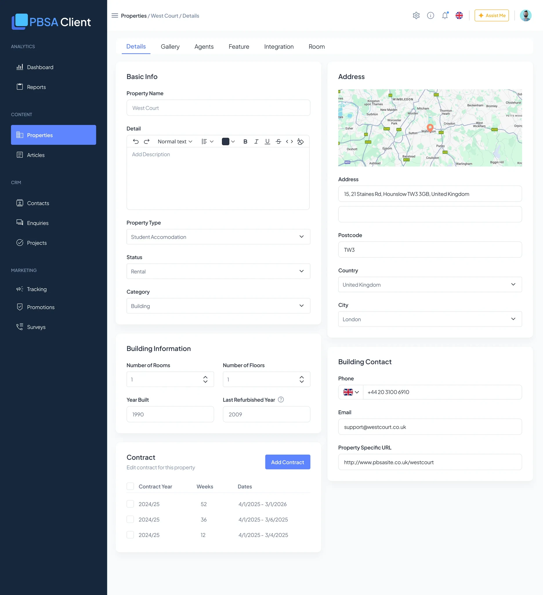PBSA Client property detail view — basic info, building information, address, contract and contact