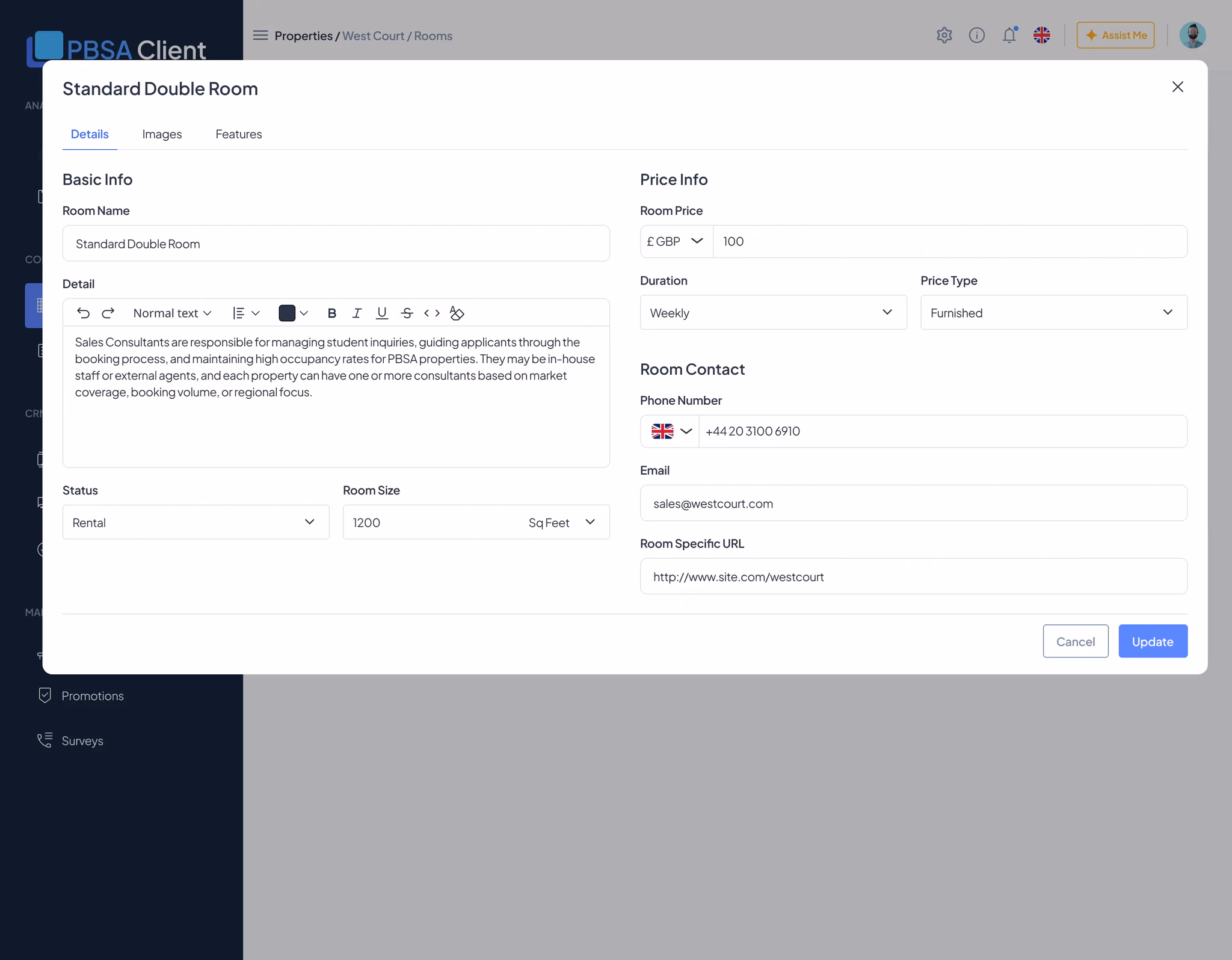 Room detail modal — basic info, pricing, duration, price type and room contact fields