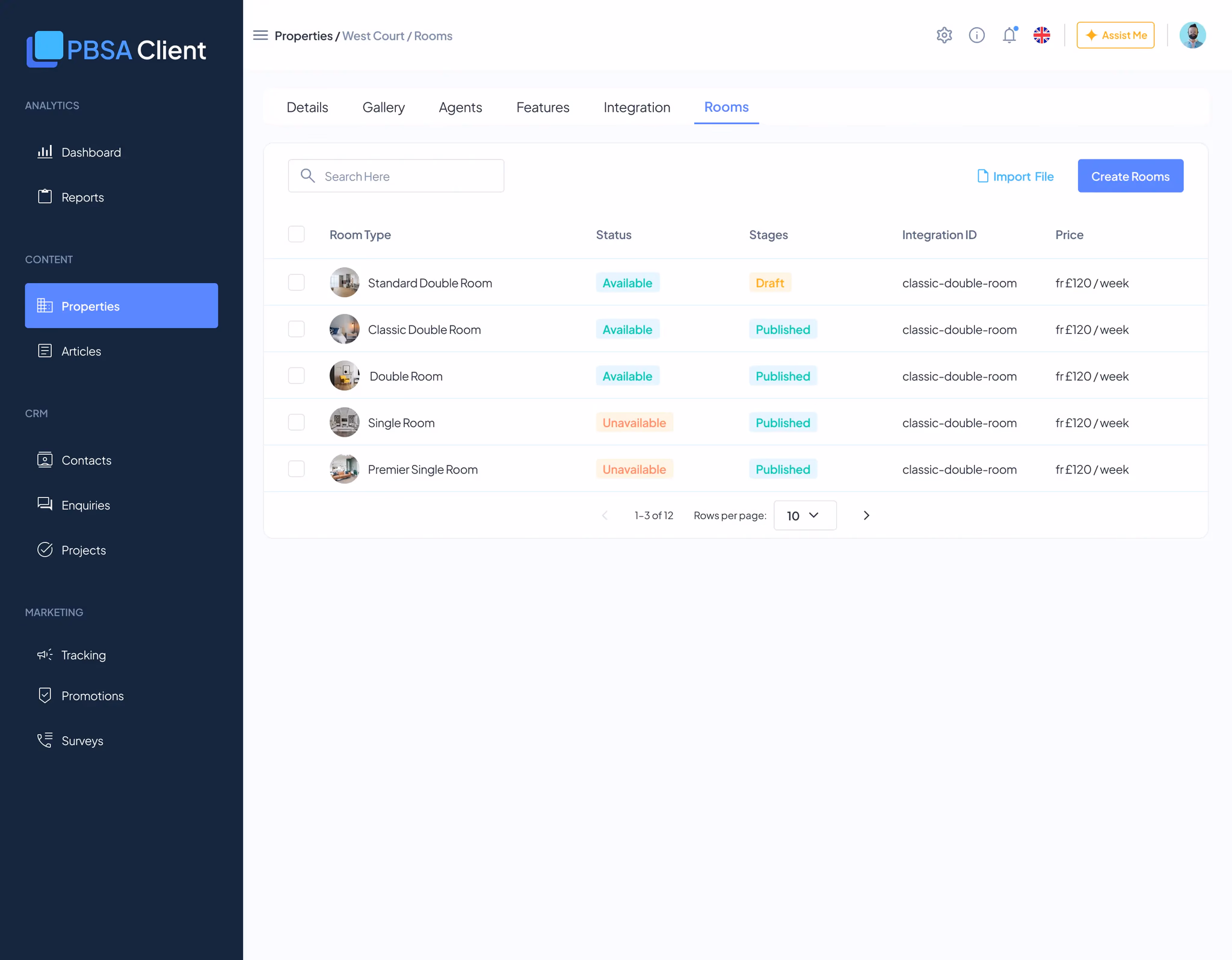 Rooms tab listing — table of room types with status, stage, integration ID and weekly price