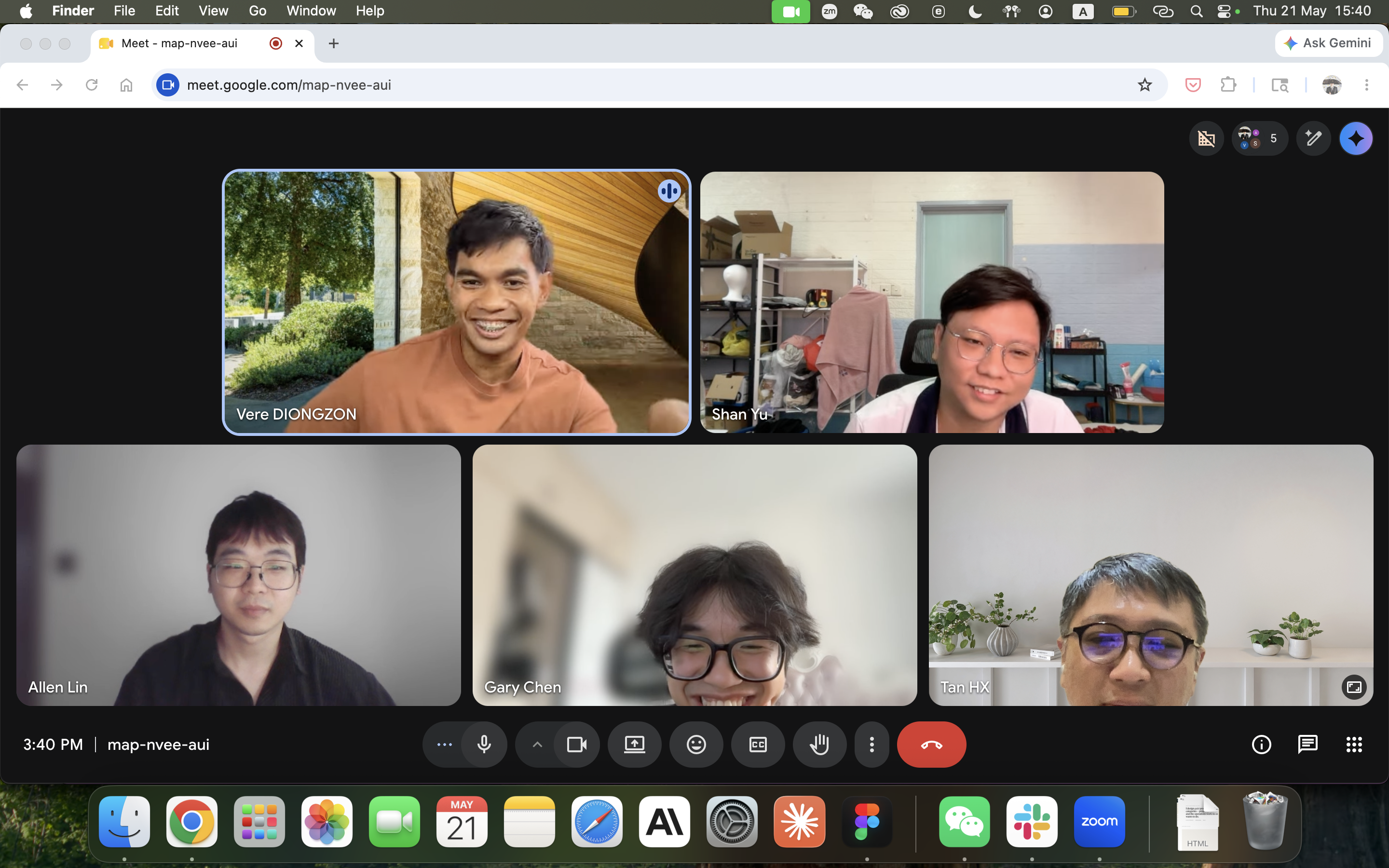 Google Meet weekly team sync — five participants: Vere DIONGZON, Shan Yu, Allen Lin, Gary Chen, and Tan HX