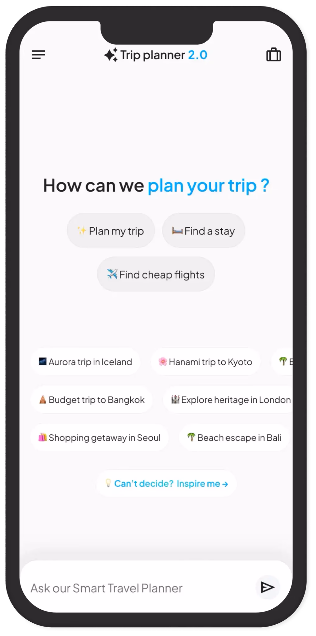 Trip Planner 2.0 AI travel planning home screen